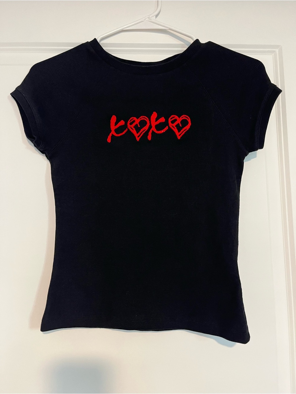 Black Short-Sleeve Tee with Red Heart Script Embroidery